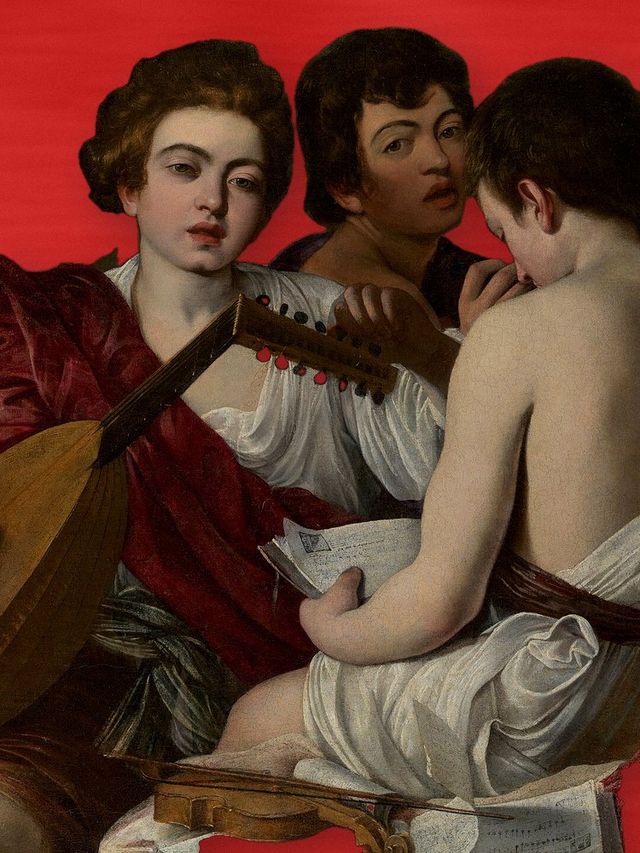 Caravaggio’s The Musicians, reworked on crimson